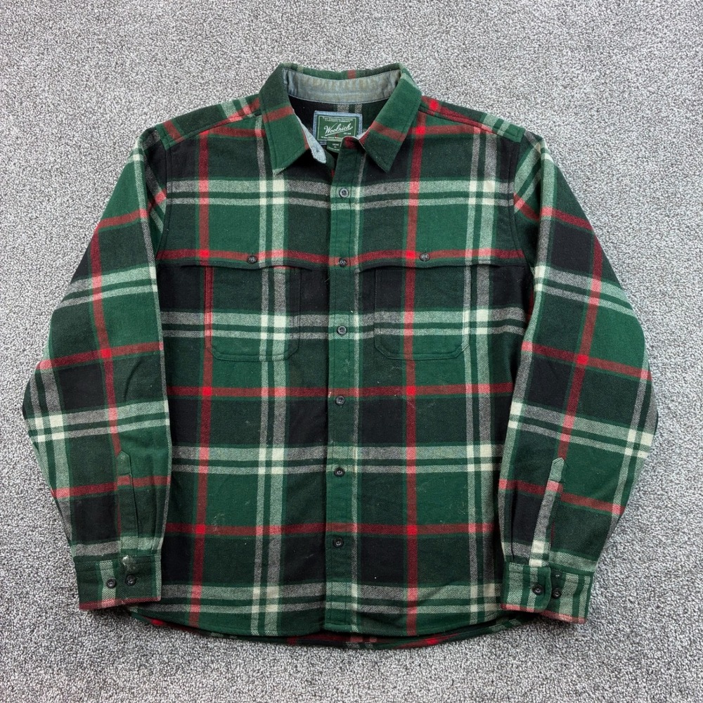 Woolrich Flannel Shirt Mens XL Green Plaid Heavyweight Outdoor Wool Blend